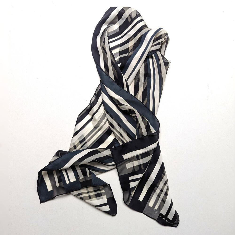 Vintage Elaine Gold Scarf Women's One Size Rectangle Silky Black Stripe B+W